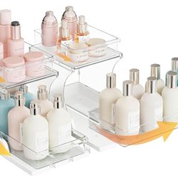 Attelite 2 Tier Pull Out Cabinet Organizer with 180° Rotating & Foldable Design, 2 Pack Sliding Drawers