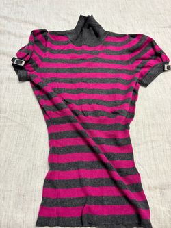 Woman express Striped Short-Sleeve Turtleneck Sweater in Fuchsia and Charcoal