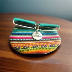 Multicolor/Turquoise Woven Striped Fabric Folding Coin Wallet w/ Logo Hardware