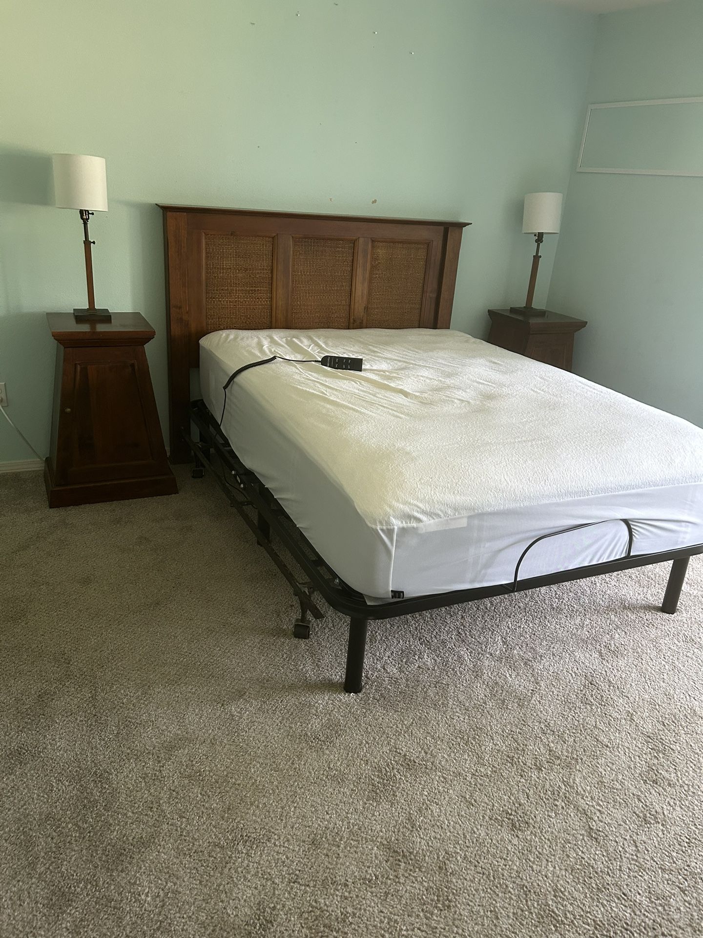 Like New Queen, Size Adjustable Bed, With Headboard, Two Matching Side Tables, andMattress