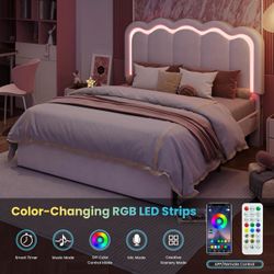 Upholstered Full Size Bed Frame with LED Lights and Large Storage Drawer, Velvet Platform Bed with Adjustable Wavy Headboard, Noise Free, Easy Assembl