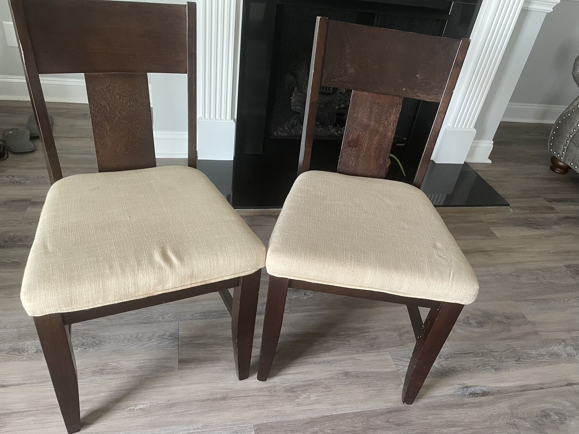 2 Dark Wood Dining Chairs with Beige Seats