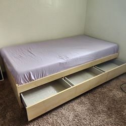 Twin Size Wood Platform Bed with 3 Storage Drawer With FREE Memory Foam Mattress Included