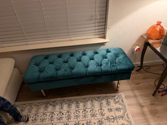 Teal Velvet Tufted Bench with Gold Legs