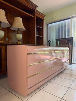 Vintage 1980s Postmodern Pink Waterfall Dresser with Gold Accents