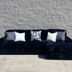 Fluffy Black Corduroy Sectional 