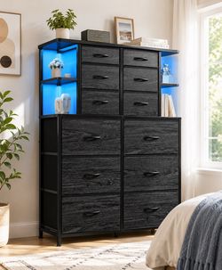 New in box Tall Dressers for Bedroom with 12 Fabric Drawers and Open Shelves White Dressers & Chests of Drawers with LED Lights, Metal Frame