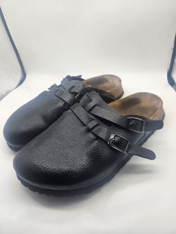 Black Leather Clogs with Double Buckle Straps