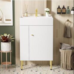 Merax 21.6" Single Sink Bathroom Vanity, Freestanding Bathroom Vanity with Open Shlef, Wood Bathroom Cabinet with Ceramic Basin Sink Top, White $100 