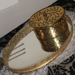 X2 VINTAGE ORNATE GOLD MID CENTURY HOLLYWOOD REGENCY MAKEUP  PERFUME VANITY MIRROR TRAY BRASS JEWELRY BOX