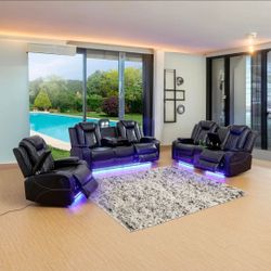 3pc Black Leather Power Recliner Sofa Set with LED