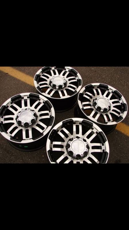 ***** 18" 8-LUG DODGE CHEVY BLACK AND CHROME WHEELS NEW TAKEOFFS *****