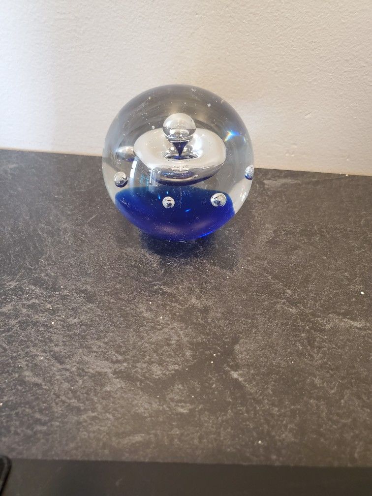 Vtg. Blue Base, Clear, Drop Splash, Art Glass, Paperweight