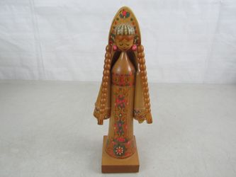 Vintage Russian Handmade Wooden Folkart Traditional Doll 9 1/2" Tall
