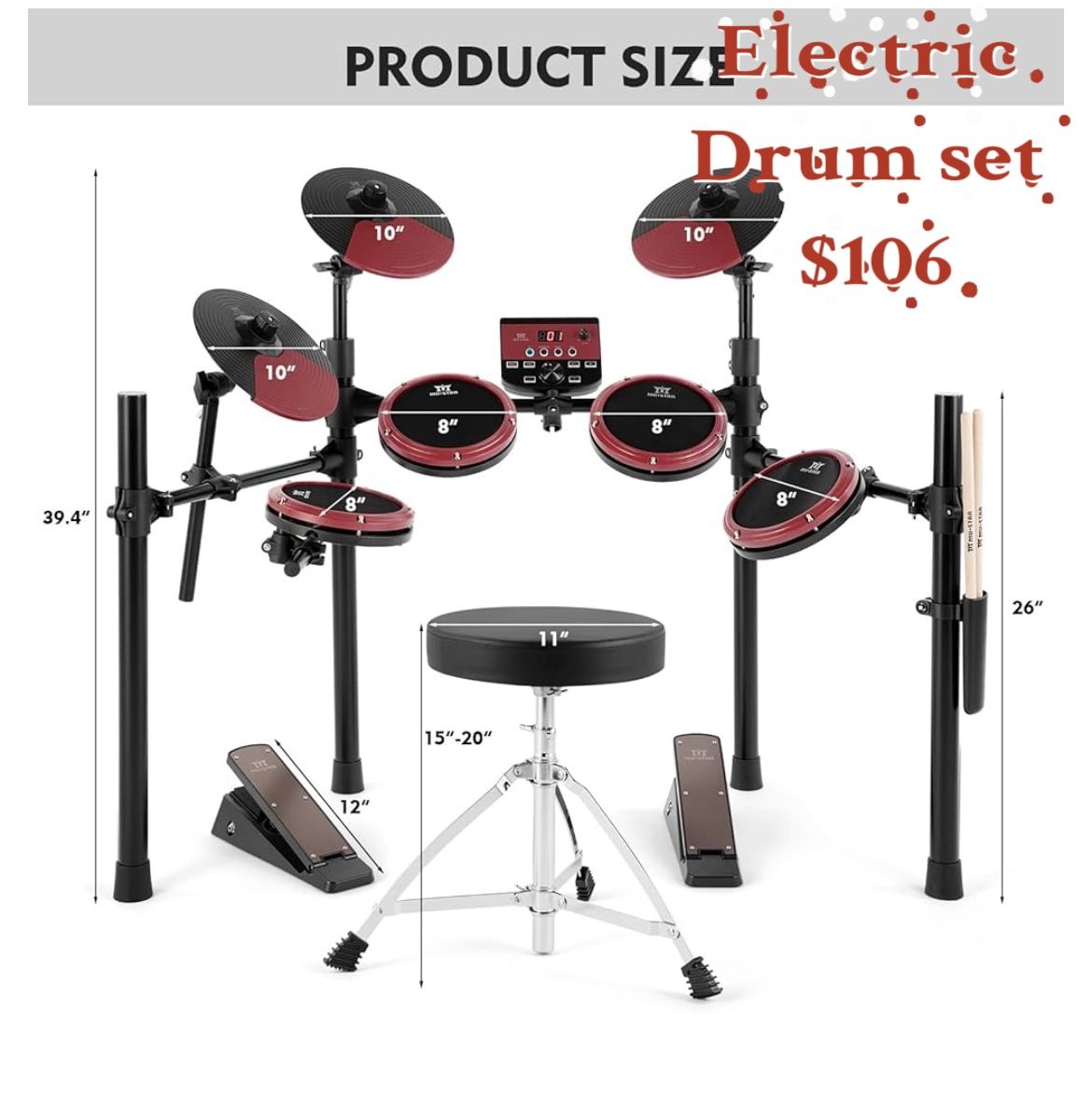 😀 Electronic Drum Set, Electric Drum Sets for Beginners with 8" Mesh Drum Pads, 10" Cymbals, Kick Pedal, Drum Stool, Drum Sticks, USB MIDI Connectivi