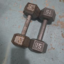 Pair Of 15lb Hand Dumbell Weights Iron Metal
