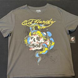 Ed Hardy Graphic T-Shirt Charcoal Skull And Shake Snake Mens Size XL NWT
