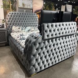 Gray Queen Size Bed Frame With Fireplace And TV Lift