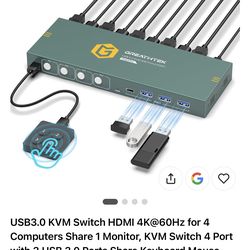 USB3.0 KVM Switch HDMI 4K@60Hz for 4 Computers Share 1 Monitor, KVM Switch 4 Port with 3 USB 3.0 Ports Share Keyboard Mouse, Support Button Switch, Pl