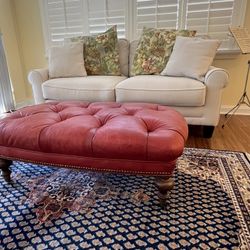 Red  Leather Ottoman With Casters 