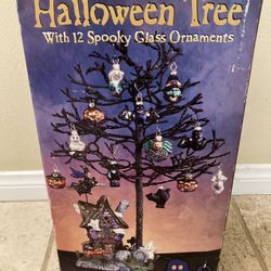 Halloween Tree with Glass Ornaments and a Cute Spooky Lighted Haunted House Goth Witch 