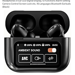 Wireless Earbuds with Touch Control, Noise Cancelling Bluetooth Headphones in Ear LED Digital Display, 13 Functions Alarm Setting Camera Control Scree