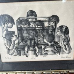 "Fish Bowl" Children Around Fish Bowl Lithograph-1950s-Helene Ross (1(contact info removed))