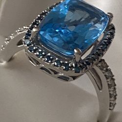 10K White Gold Swiss Blue Topaz Diamond Ring