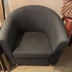 Wayfair barrel Accent chair, no rips, no stains, wood legs, cushion firm dark gray color Oral Comes With A Floral Cover so you can change it up