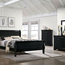 Black Queen 4 Piece Bedroom Set- Queen Bed, Nightstand, Dresser&Mirror