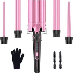 Waver Curling Iron Curling Wand - BESTOPE PRO 5 in 1 Curling Wand Set with 3 Barrel Hair Crimper for Women, Fast Heating Crimper Wand Curler in All Ha