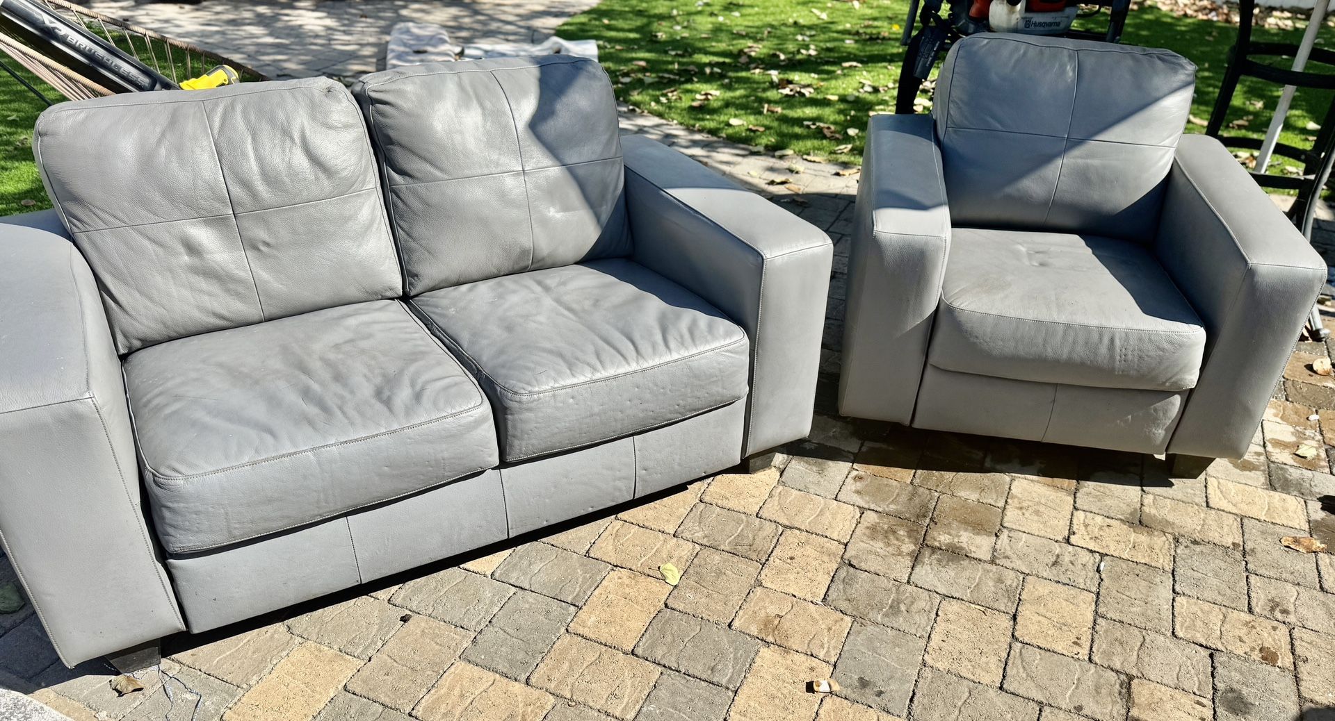 Grey Leather Luv Seat And Chair 