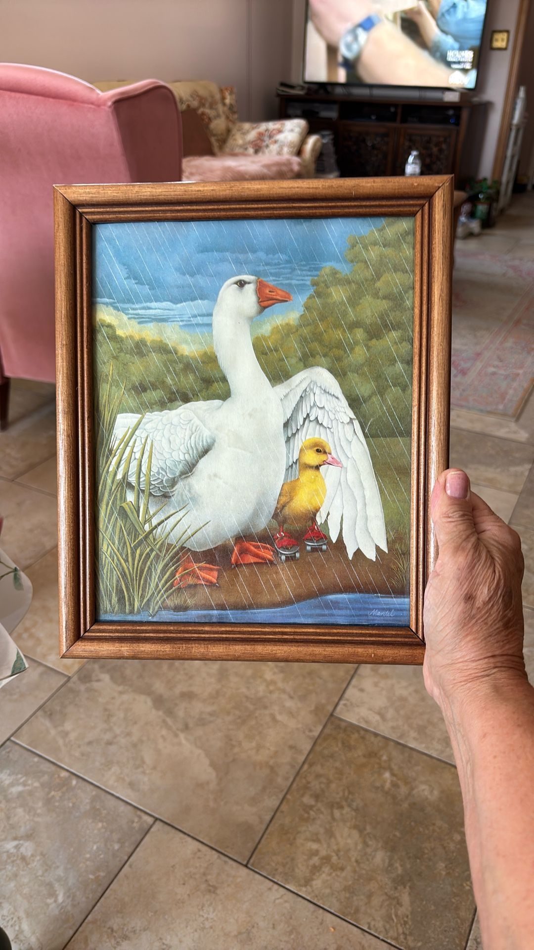 Framed Copy Of A Painting By By R Mantel. Duck In The Rain