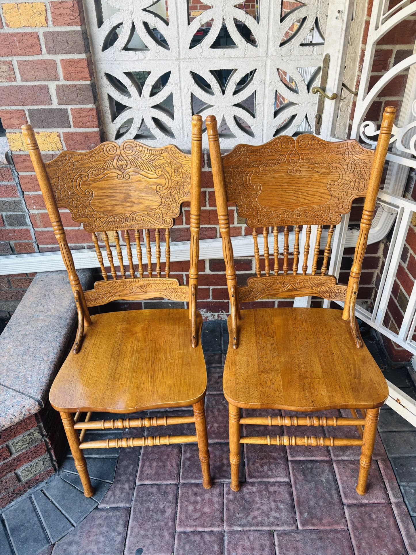 Pair of Vintage Solid Wood Farmhouse Chairs – Carved High-Back Design