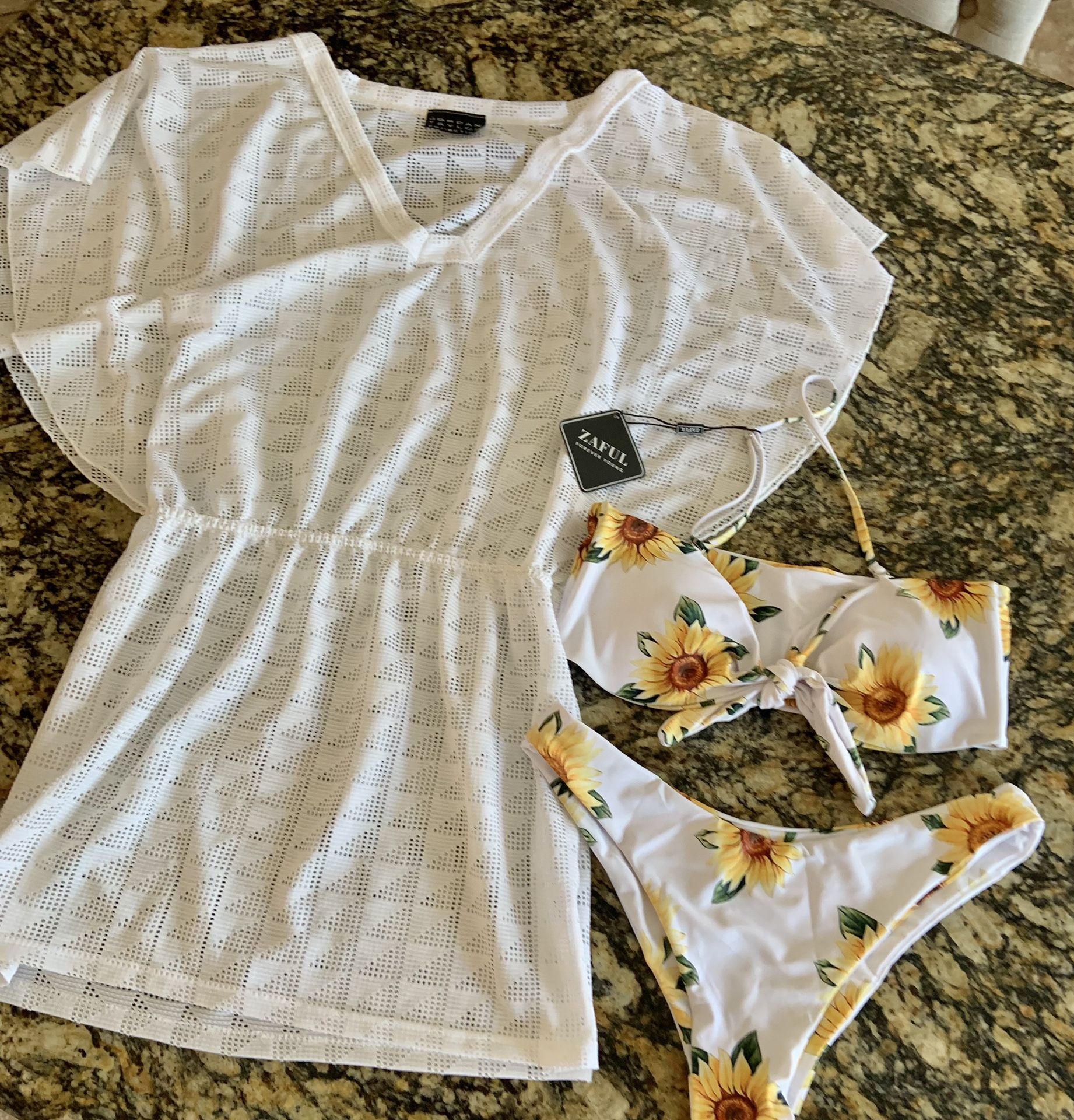 New women’s sunflower bikini with white cover up size 6