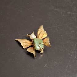 Vintage MCM BSK Gold Tone Butterfly Pin Brooch With A Nephrite Jade Body And A Faux Pearl Head - Back Is Stamped BSK