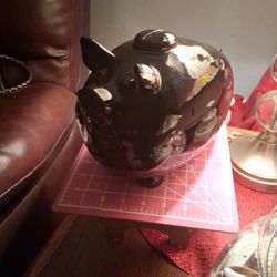 VINTAGE 1982 HARLEY DAVIDSON BLACK CERAMIC PIGGY BANK, SIGNED 