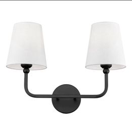 New 2-Light Bathroom Vanity Light Fixtures in Matte Black Finish, Modern Bedside Wall Sconces with Flared White Fabric Shade for Bathroom, Hallway, Li