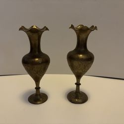 Pair of Vintage Etched Brass Vases