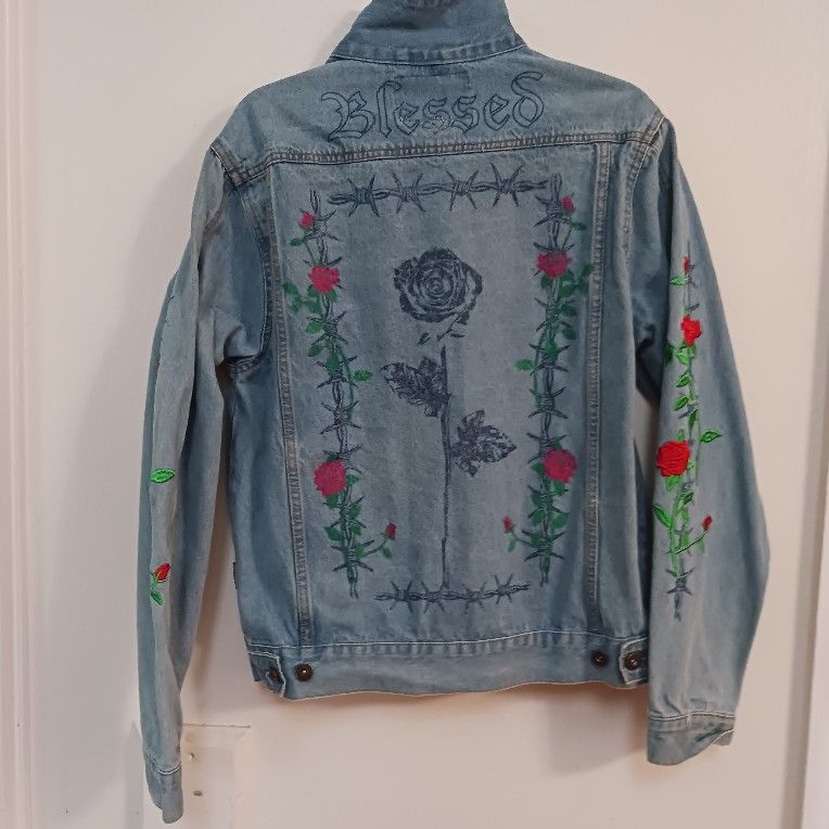 Denim Jacket With Roses Brooklyn Cloth Custom Bespoke Embroidered Stamped Med