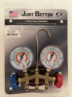 JB Industries 2-Valve Brass Manifold 1/4” Full Flow Hoses Charging & Testing