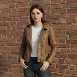 Women Faux Leather Hooded Moto Jacket - Size M 