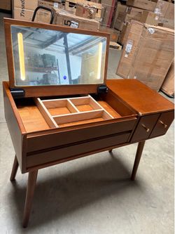 Solid Wood Vanity Desk with Mirror and Lights, Vanity Table 3 Color Lighting Modes without bench