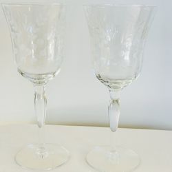 Vintage Cut Crystal Wine Glasses ~ Elegant Stemmed Barware ~ Floral Pattern