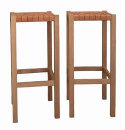 Pair Woven Leather & Solid Wood Stools – 32” Seat