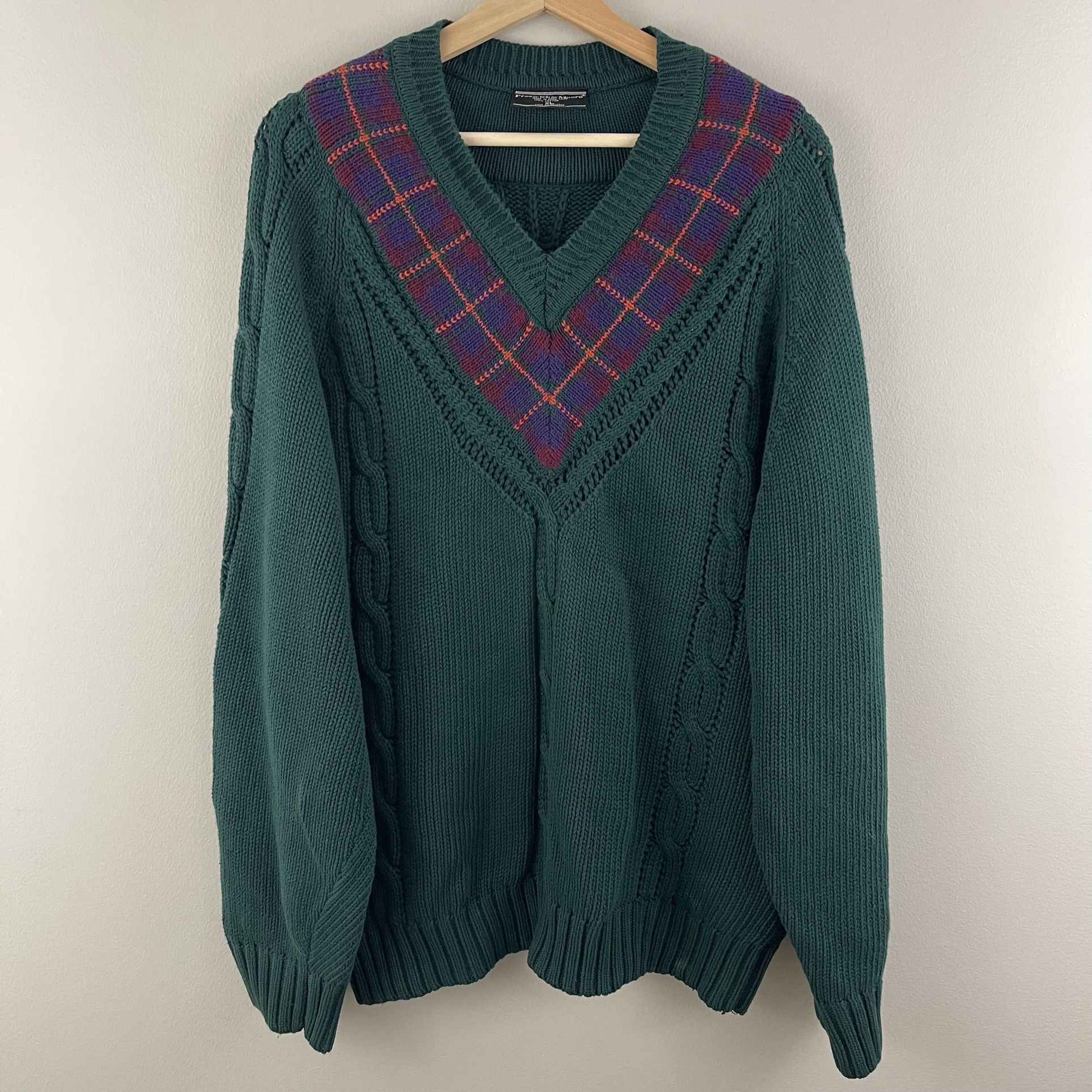 Vintage 90s Coogi Vibes Dark Green Plaid V Neck Grandpa Oversized Chunky Sweater