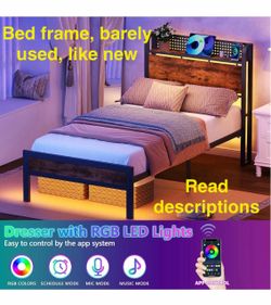 Barely used Twin xl metal bed frame with headboard, lights, controller, slats and mattress topper.