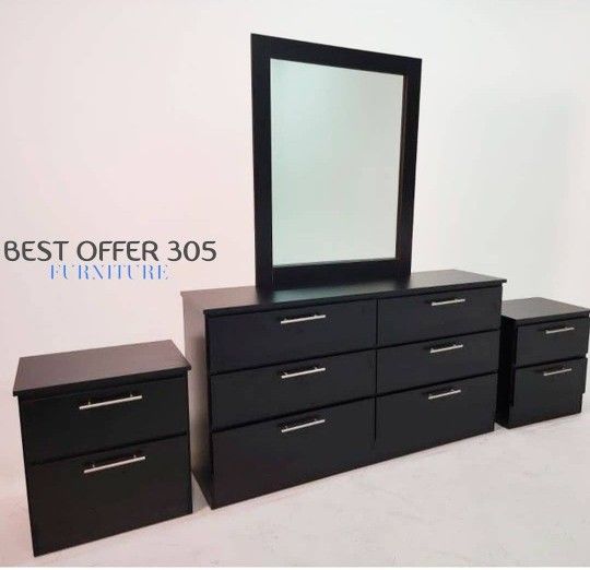 Dresser-Mirror and 2 Bedside-Table-Cómoda Con Espejo Y 2-Mesitas de noche