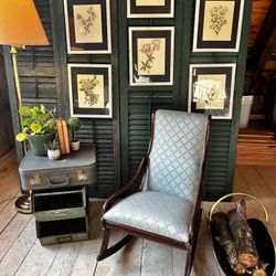 🪑 Antique Small Rocking Chair – Blue Crosshatch Fabric, Dark Wood Finish