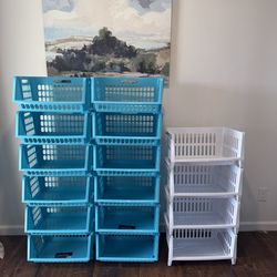 16 Stackable Storage Bins – Classroom / Toy / Closet Organizers (Blue + White)